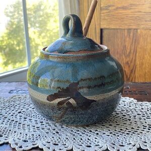 Asian Inspired Honey Pot with Lid Studio Pottery Signed EUC